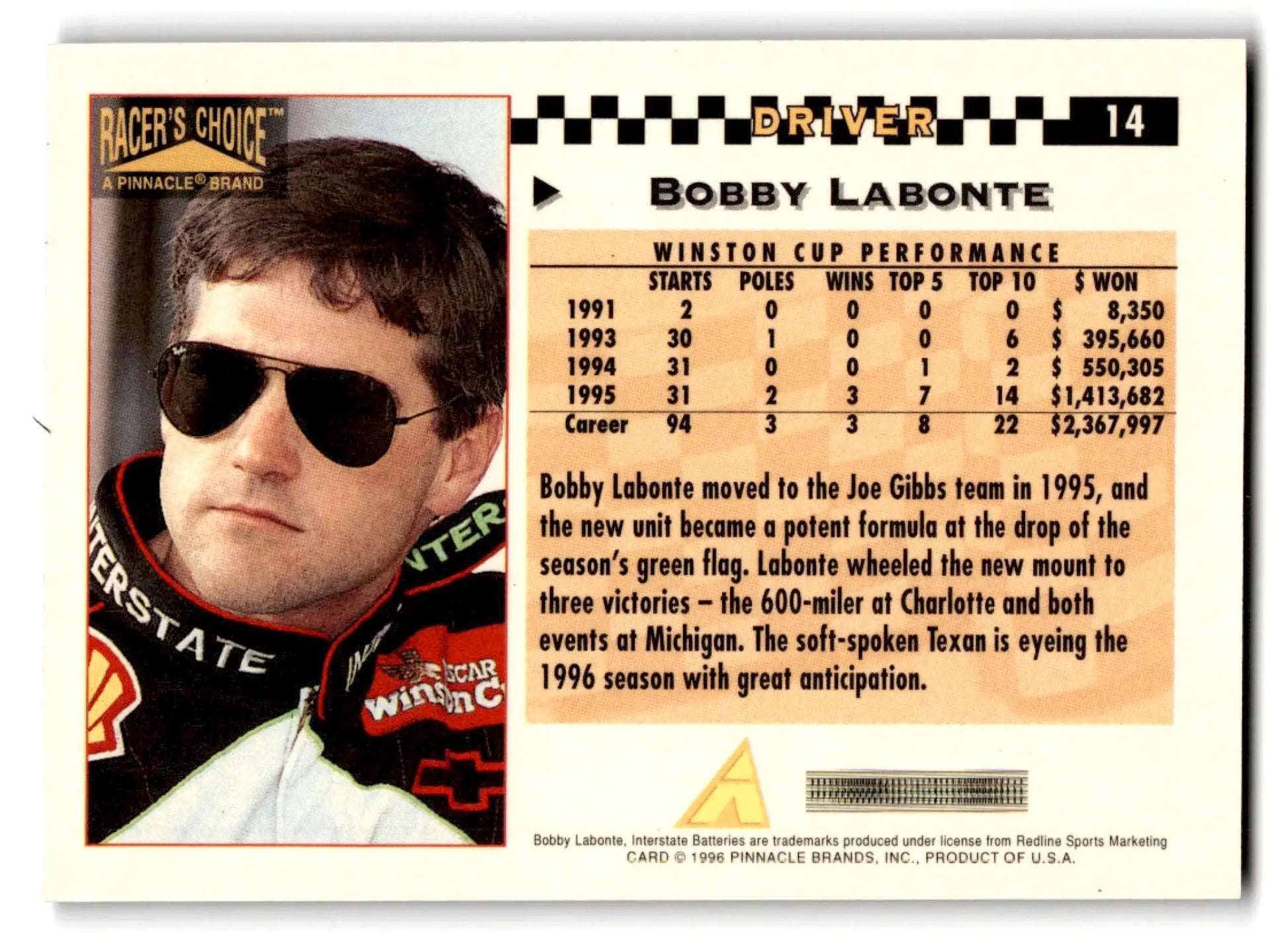 1996 Pinnacle Racing Racer’s Choice Bobby Labonte #14