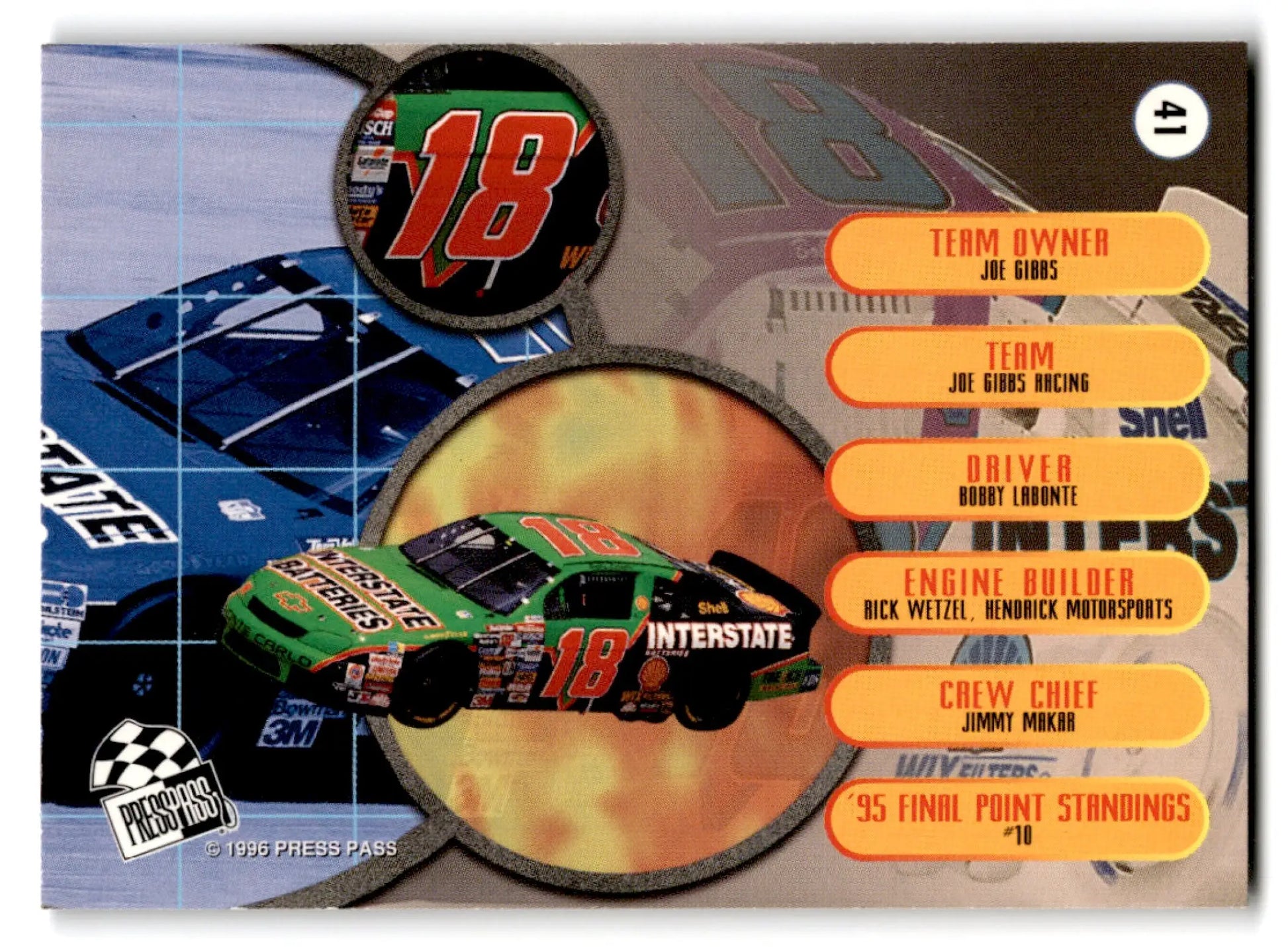 1996 Press Pass Racing Bobby Labonte Monte Carlo #41