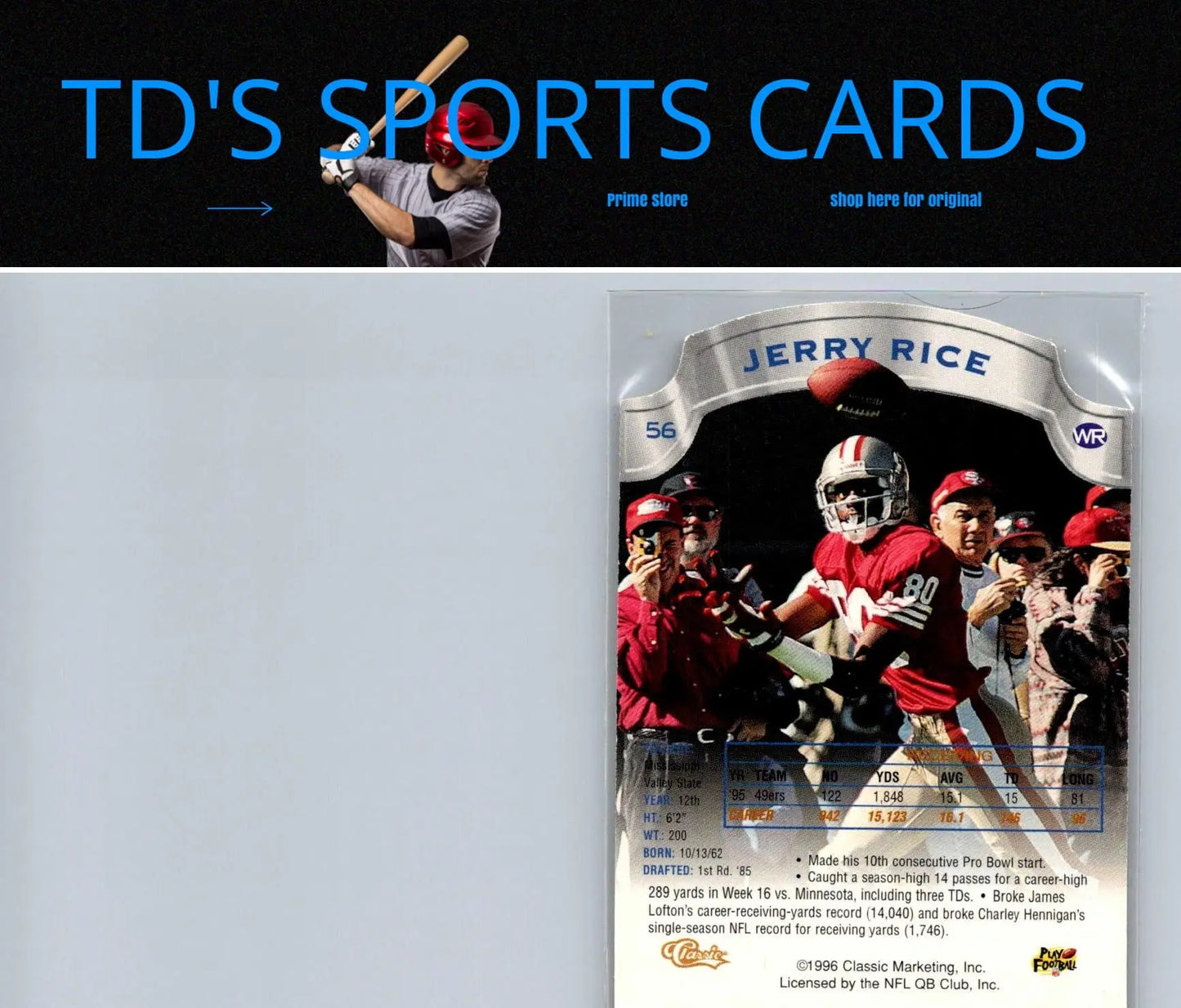 Jerry Rice football card from 1996 Pro Line DC III series featuring line DC III