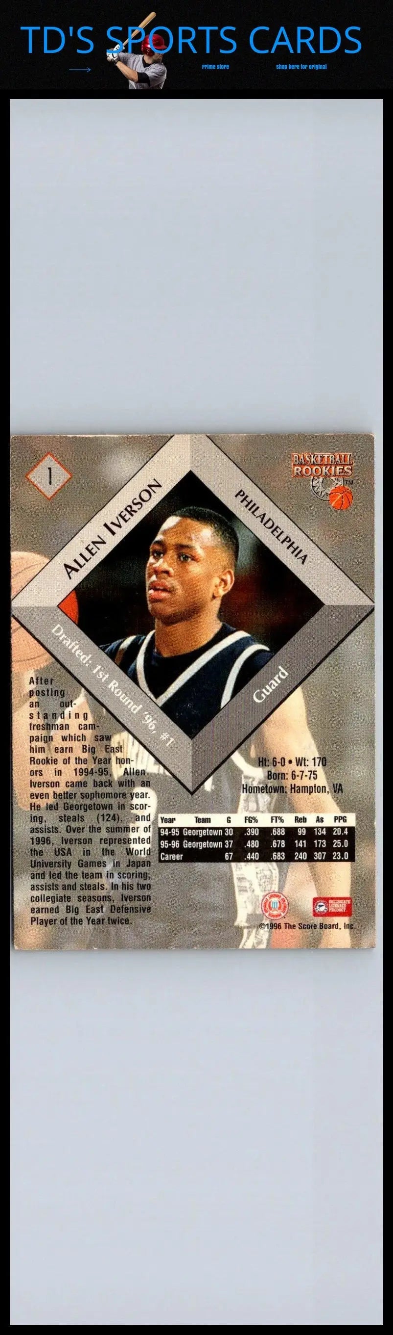 Allen Iverson basketball card from 1996 Score Board Rookies #1 collectible series