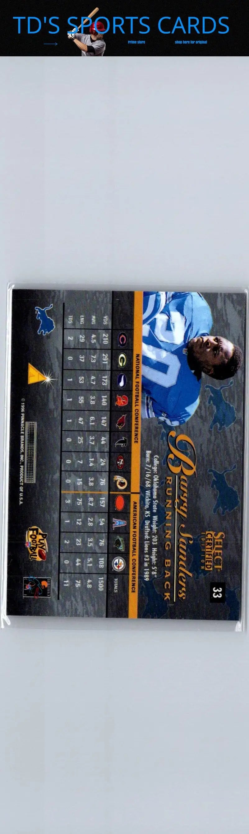 Barry Sanders 1996 Select Certified football trading card in protective sleeve