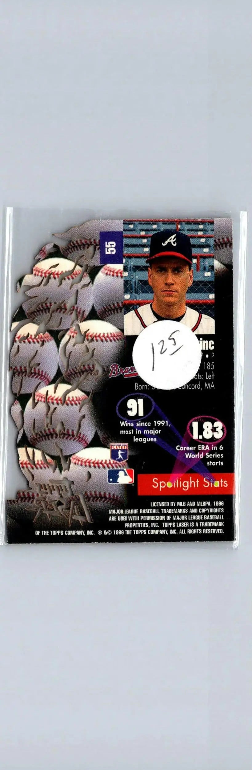 Baseball card featuring Tom Glavine from 1996 Topps Laser series