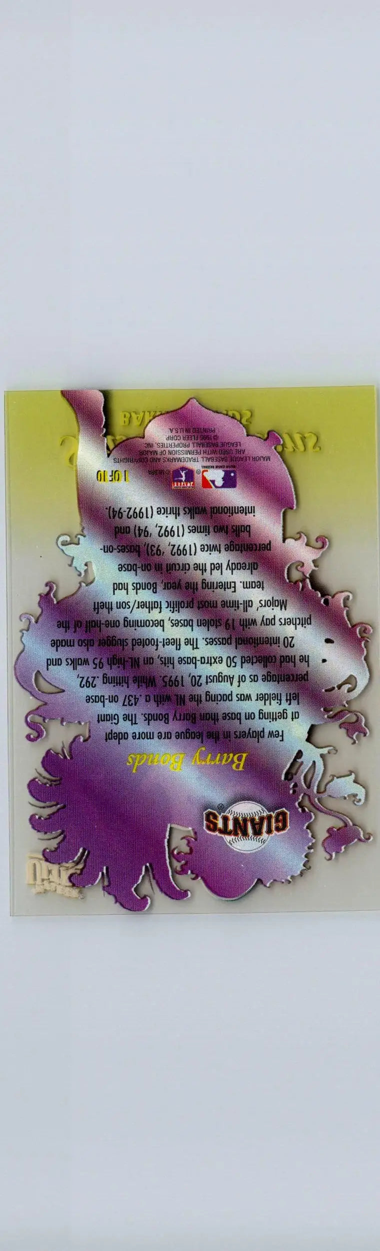 Collectible Barry Bonds season crowns card with purple ornate shape on yellow gold background