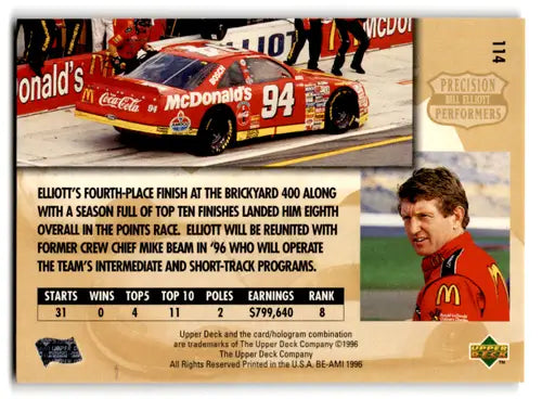 Original gloss 1996 Upper Deck Bill Elliott PP NM-MT racing card image