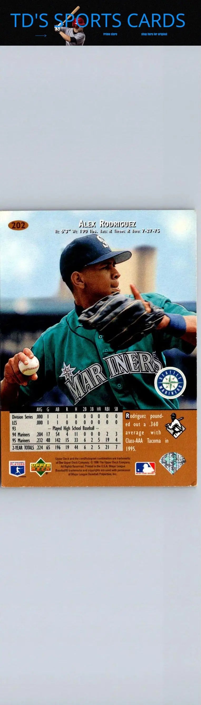1996 Upper Deck #202 Alex Rodriguez Baseball Card for Trading Card Collectors