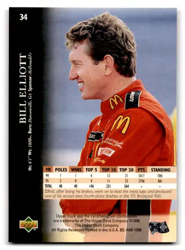 Original gloss 1996 Upper Deck Bill Elliott trading card NM-MT ID:77592