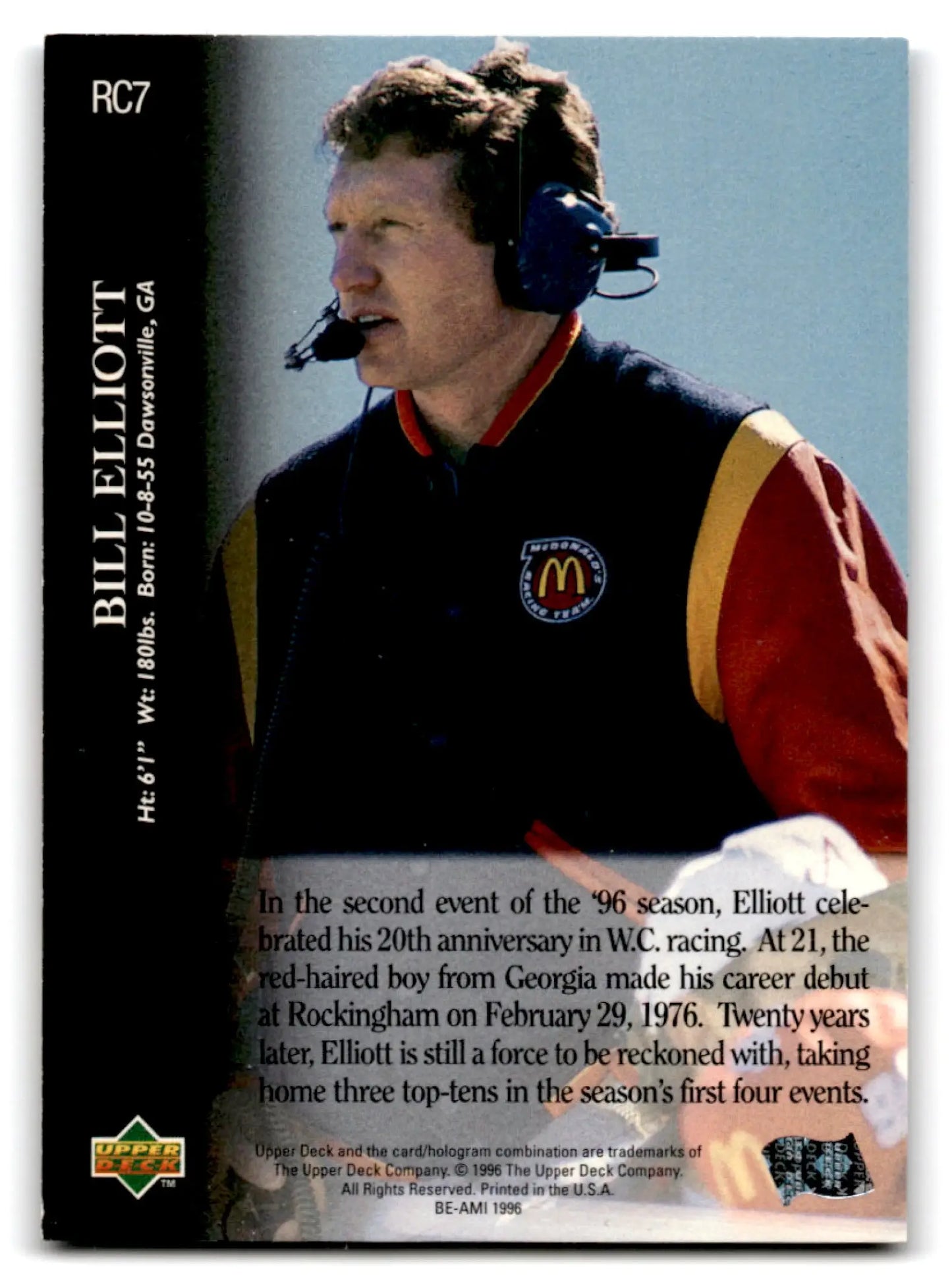 Vintage Bill Elliott RC7 racing card from 1996 Upper Deck Racing Road to the Cup
