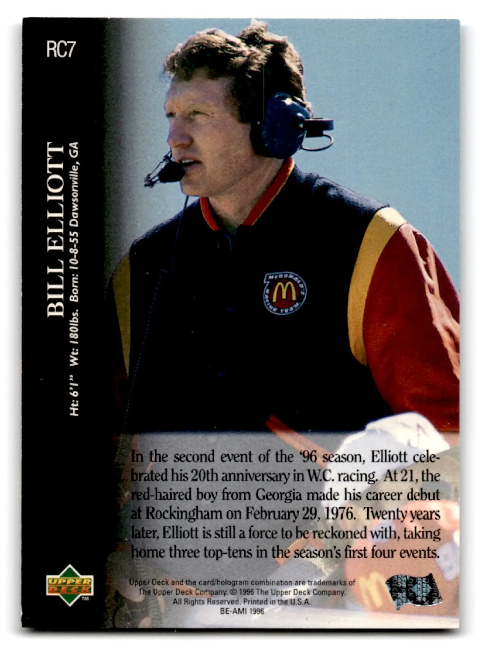 Vintage Bill Elliott RC7 racing card from 1996 Upper Deck Racing Road to the Cup