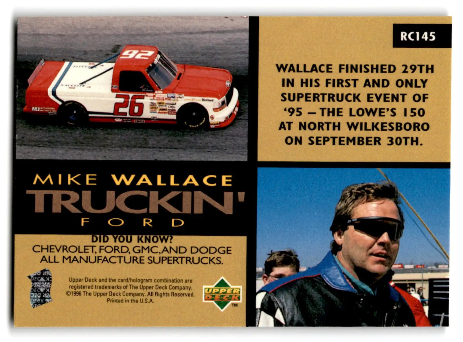 1996 Upper Deck Racing Road to the Cup Mike Wallace #RC145a - Trading Card
