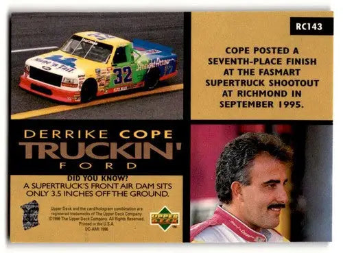 Original gloss RC143 Derrike Cope racing trading card from 1996 Upper Deck Road to the Cup