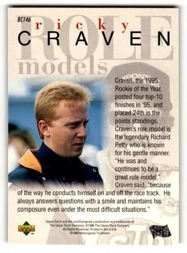 Original gloss RC146 Ricky Craven racing trading card from 1996 Upper Deck Road to the Cup