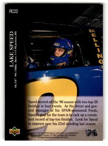 Original gloss RC22 Lake Speed Lake Speed Racing trading card front view