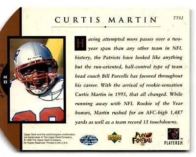 Football trading card of Curtis Martin showcasing his rookie season achievements, TT82 Curtis Martin