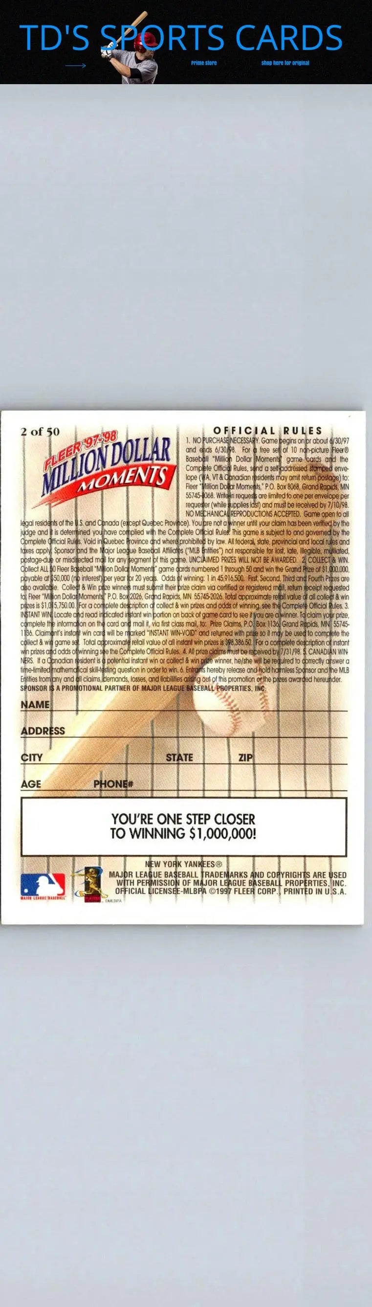 Baseball card back from Fleer Million Dollar Moments featuring Derek Jeter 1997-98