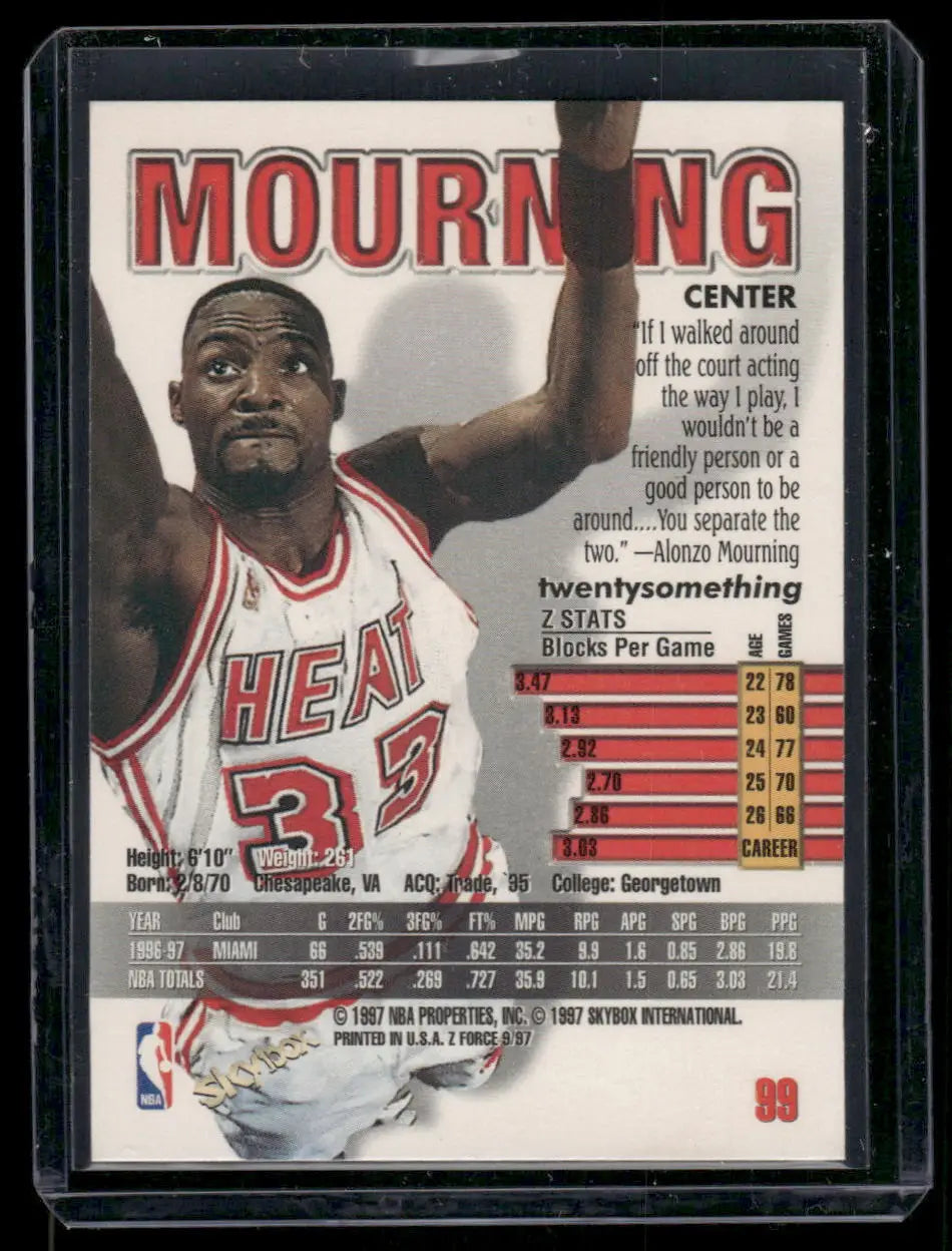 Alonzo Mourning basketball trading card in protective sleeve from 1997-98 SkyBox Z-Force