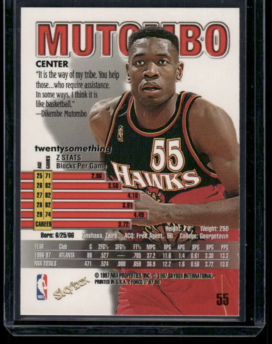 Dikembe Mutombo 1997 Skybox basketball card with stats and quote from 1997-98 Z-Force series