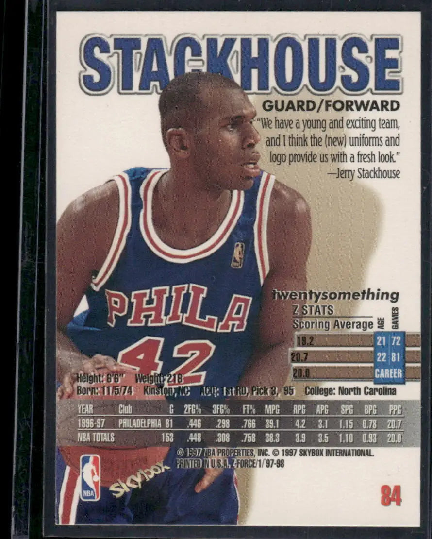 Basketball trading card featuring Jerry Stackhouse in Philadelphia 76ers jersey from 1997-98 SkyBox Z-Force