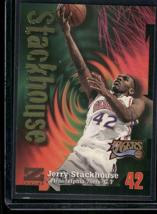 Vintage 1997-98 SkyBox Z-Force Jerry Stackhouse basketball trading card in Philadelphia 76ers uniform