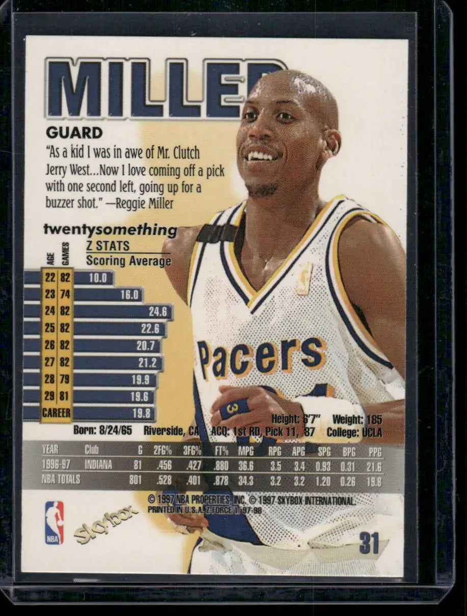 Reggie Miller basketball trading card from 1997-98 SkyBox Z-Force series