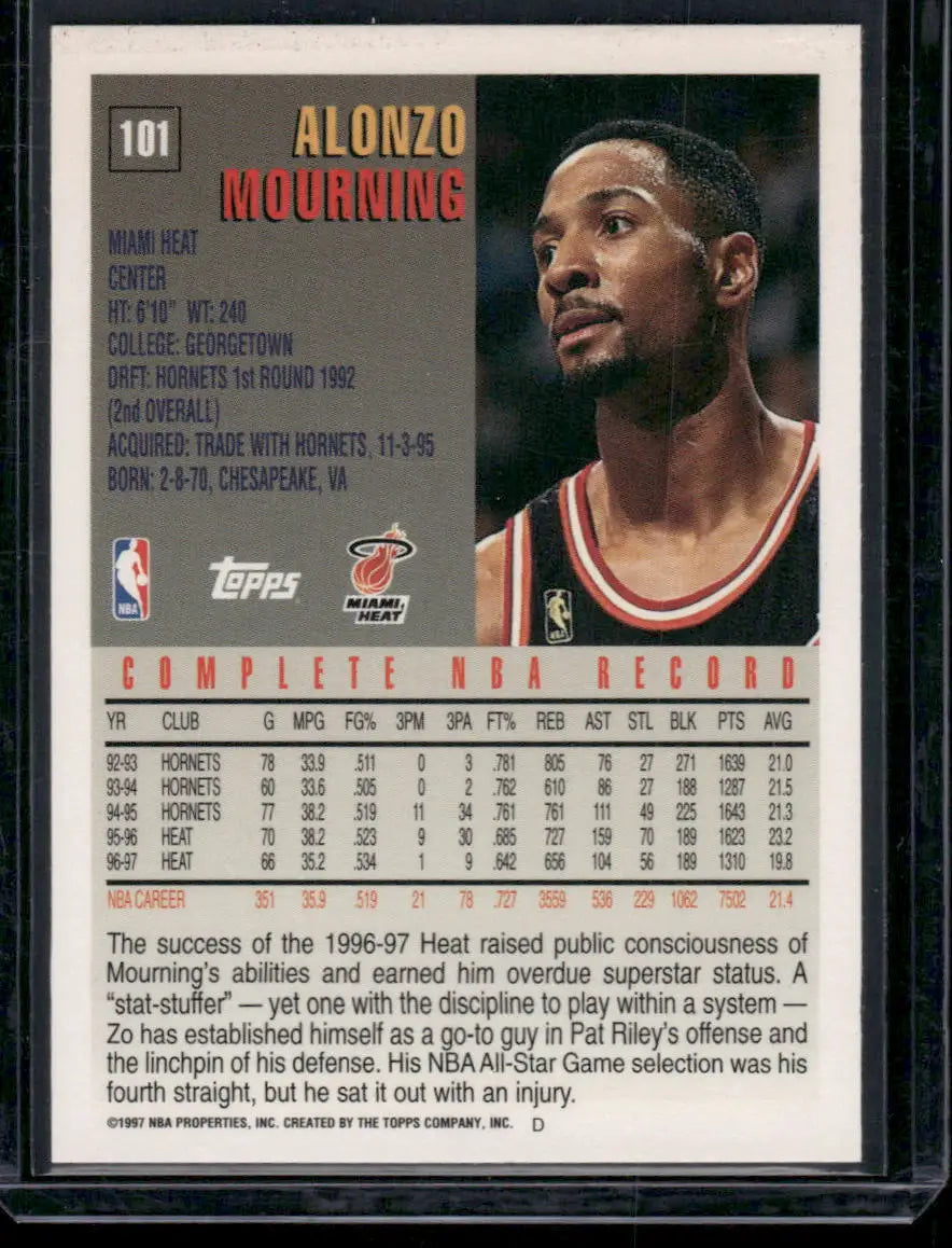 1997 Topps Alonzo Mourning basketball card from 1997-98 Topps Alonzo Mourning #101 collection