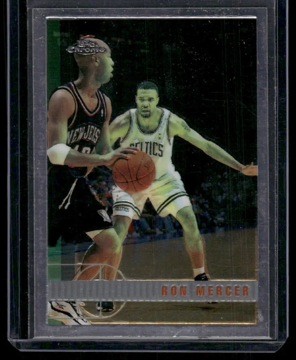 Basketball card of Ron Mercer from 1997-98 Topps Chrome Ron set featuring chrome ron mercer style