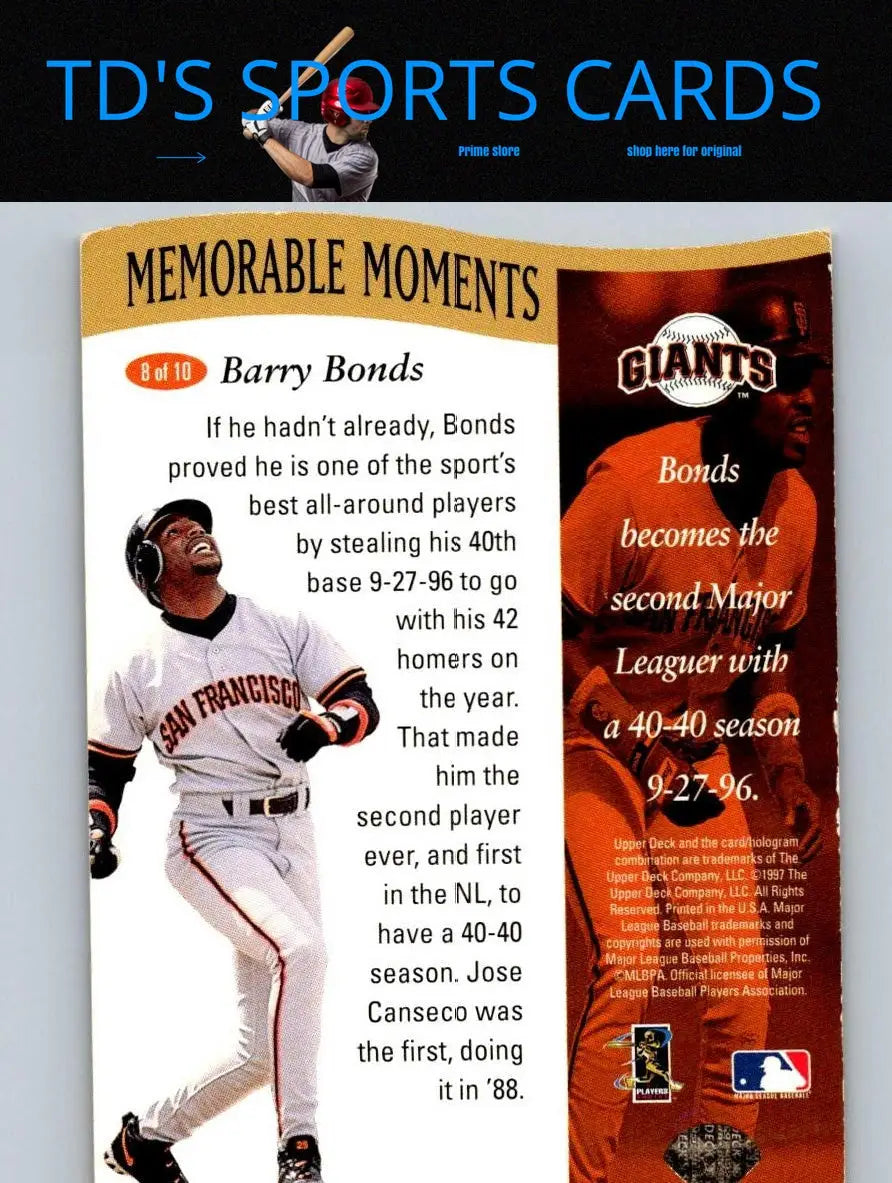 Barry Bonds baseball card from the 1997 Collector’s Choice Memorable Moments series