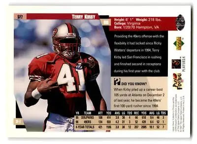 Football trading card of San Francisco 49ers player #41 Terry Kirby in burgundy and gold