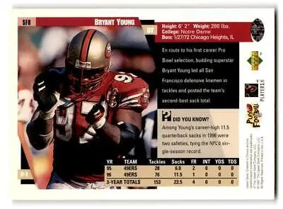 San Francisco 49ers trading card featuring player Bryant Young in red and gold uniform