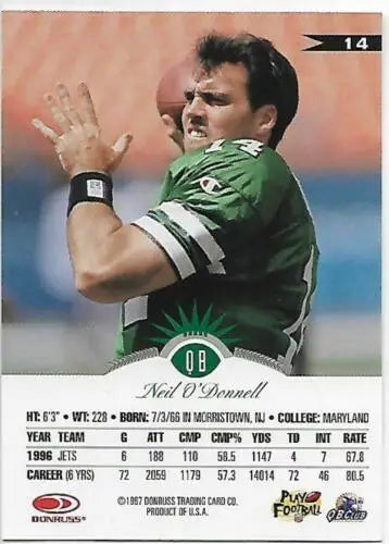 1997 Leaf #14 Neil O’Donnell NM-MT NY Jets football card with original gloss finish
