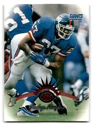Rodney Hampton in action on a 1997 Leaf trading card showcasing football skills