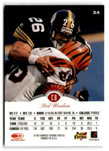 1997 Leaf Rod Woodson Football Card with original gloss, NM-MT condition for collectors
