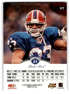 1997 Leaf #37 Andre Reed football trading card showcasing the NFL star’s legacy