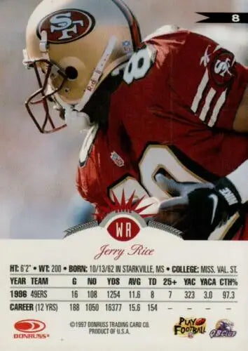 1997 Leaf #8 Jerry Rice NM-MT Football Card with original gloss, ideal for collectors