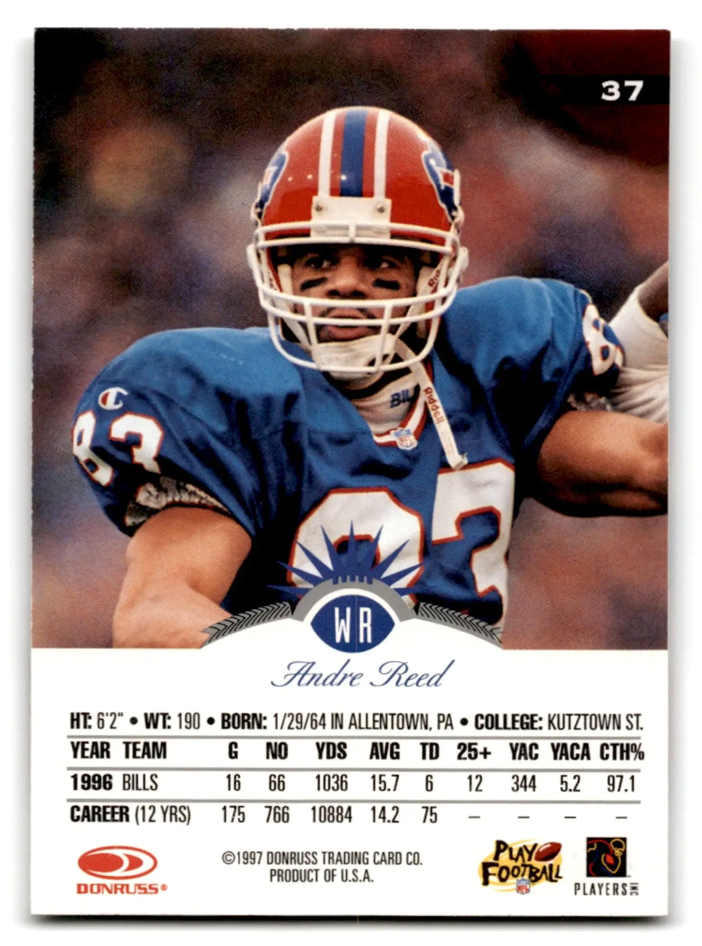 Football trading card of Andre Reed from Leaf Football 1997 Buffalo Bills collection