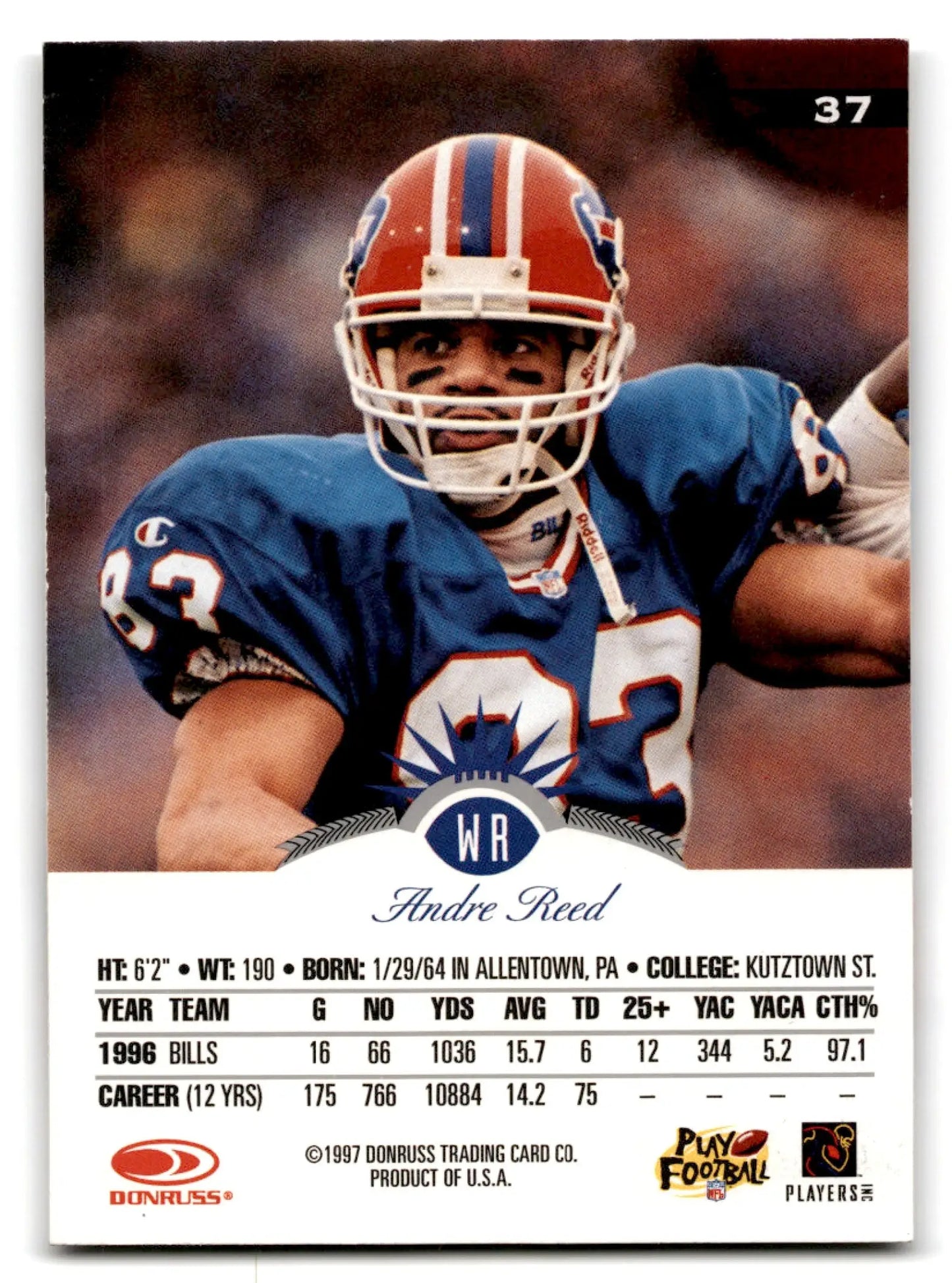 Back of a 1997 Leaf Football Andre Reed card featuring Buffalo Bills player