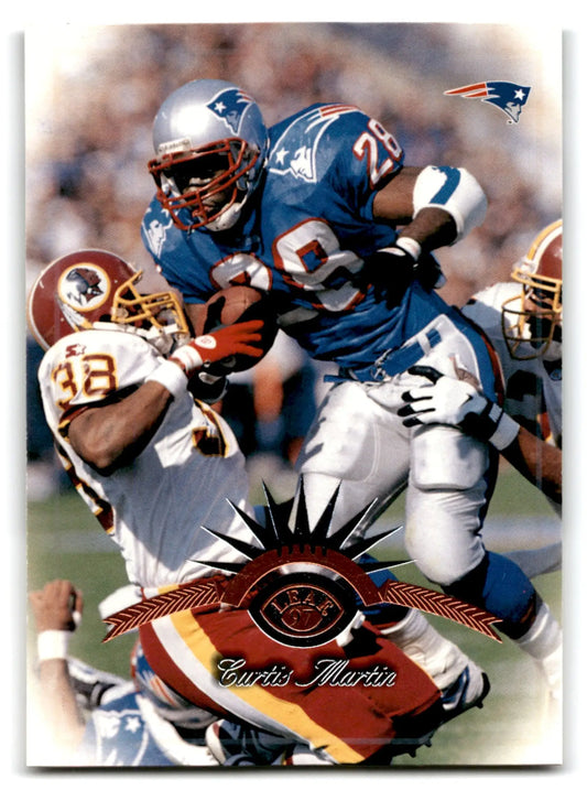 Vintage Leaf Football Curtis Martin trading card in New England Patriots uniform during game