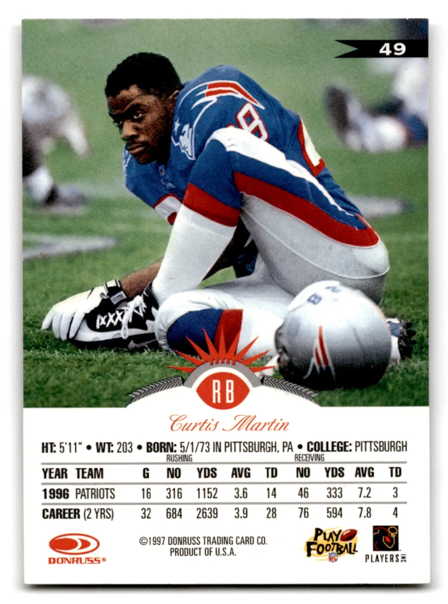 Vintage Leaf Football Curtis Martin trading card from 1997 featuring Curtis Martin