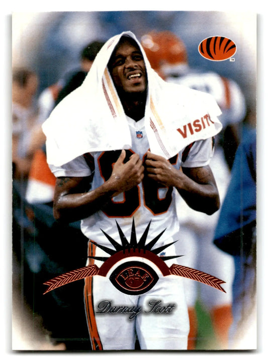 Leaf football Darnay Scott trading card featuring Cincinnati Bengals player in white jersey