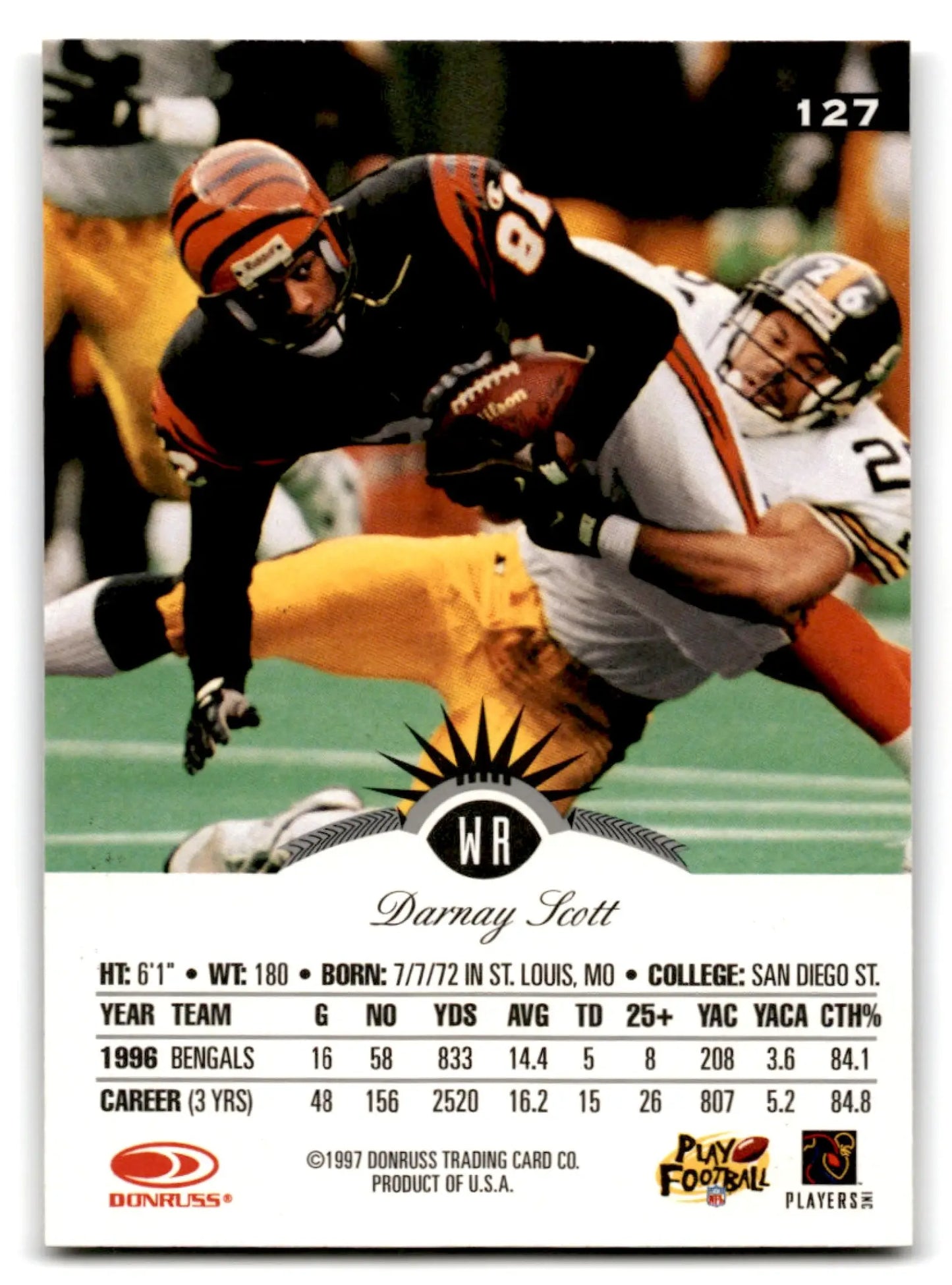 Vintage Leaf Football Darnay Scott trading card from 1997 Cincinnati Bengals