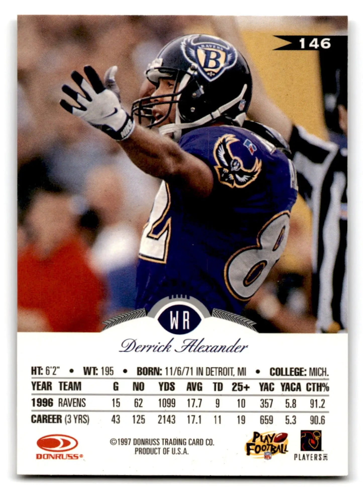 Vintage Leaf Football Derrick Alexander trading card in Baltimore Ravens uniform