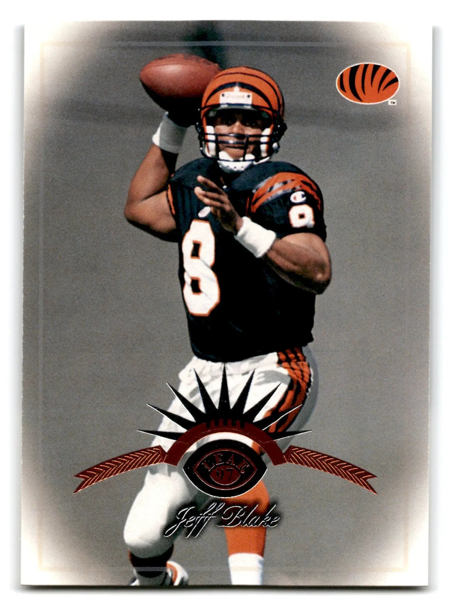 1997 Leaf Football Jeff Blake trading card featuring Cincinnati Bengals football jeff blake