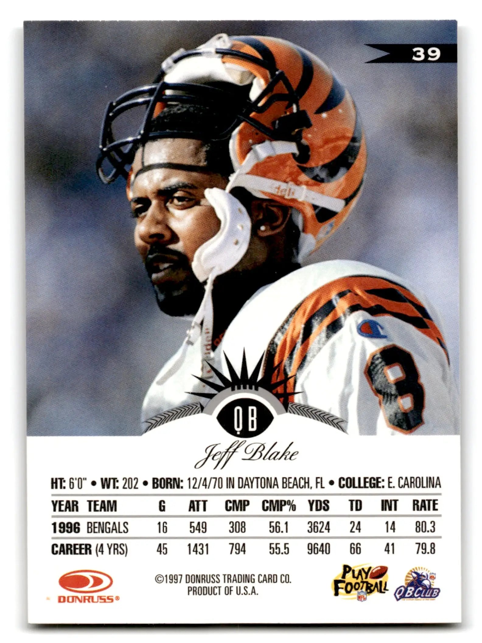 1997 Leaf Football Jeff Blake #39 Cincinnati Bengals trading card featuring Jeff Blake