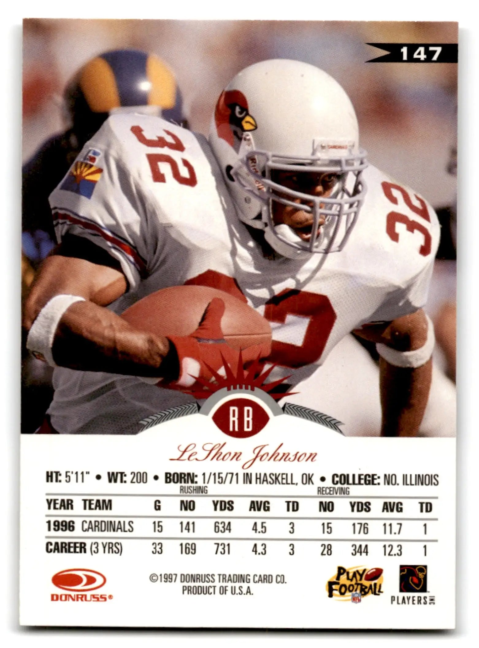 1997 Leaf Football LeShon Johnson trading card featuring Arizona Cardinals player