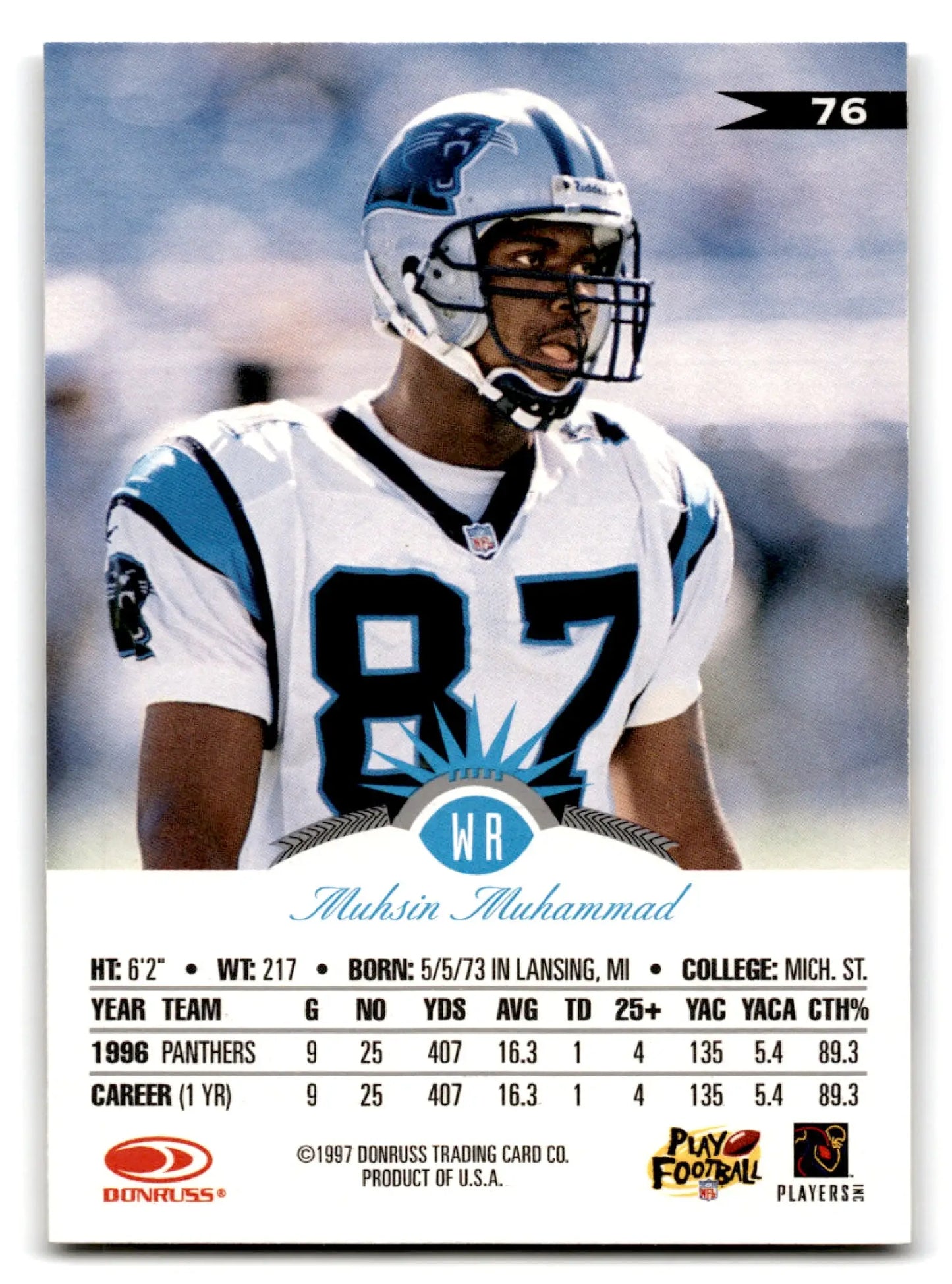 1997 Leaf Football Muhsin Muhammad trading card featuring Carolina Panthers player Muhsin Muhammad