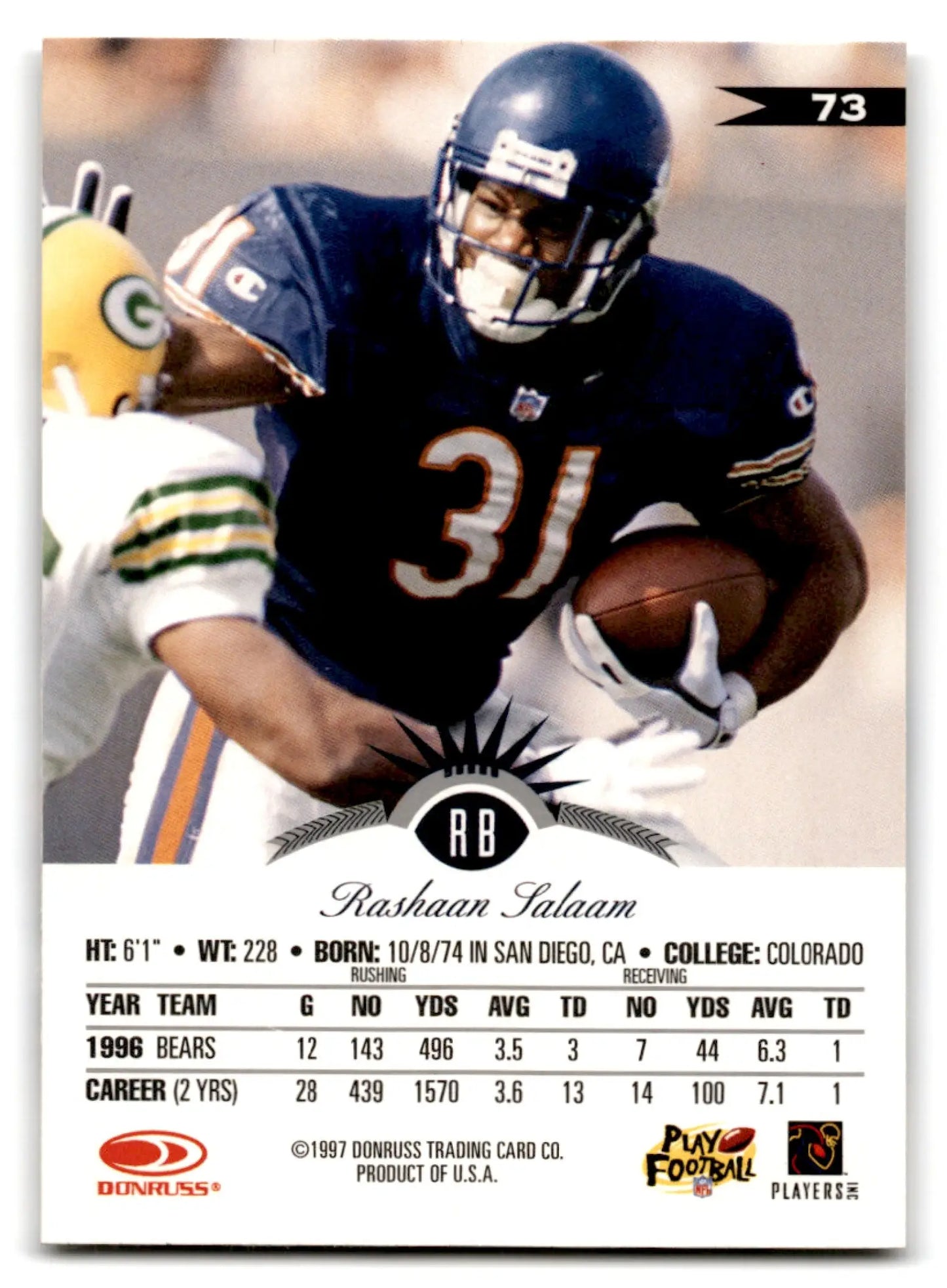 Leaf football Rashaan Salaam 1997 Donruss card with career stats and Chicago Bears logo