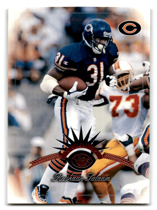 Football trading card of Rashaan Salaam in Chicago Bears uniform from 1997 Leaf Football