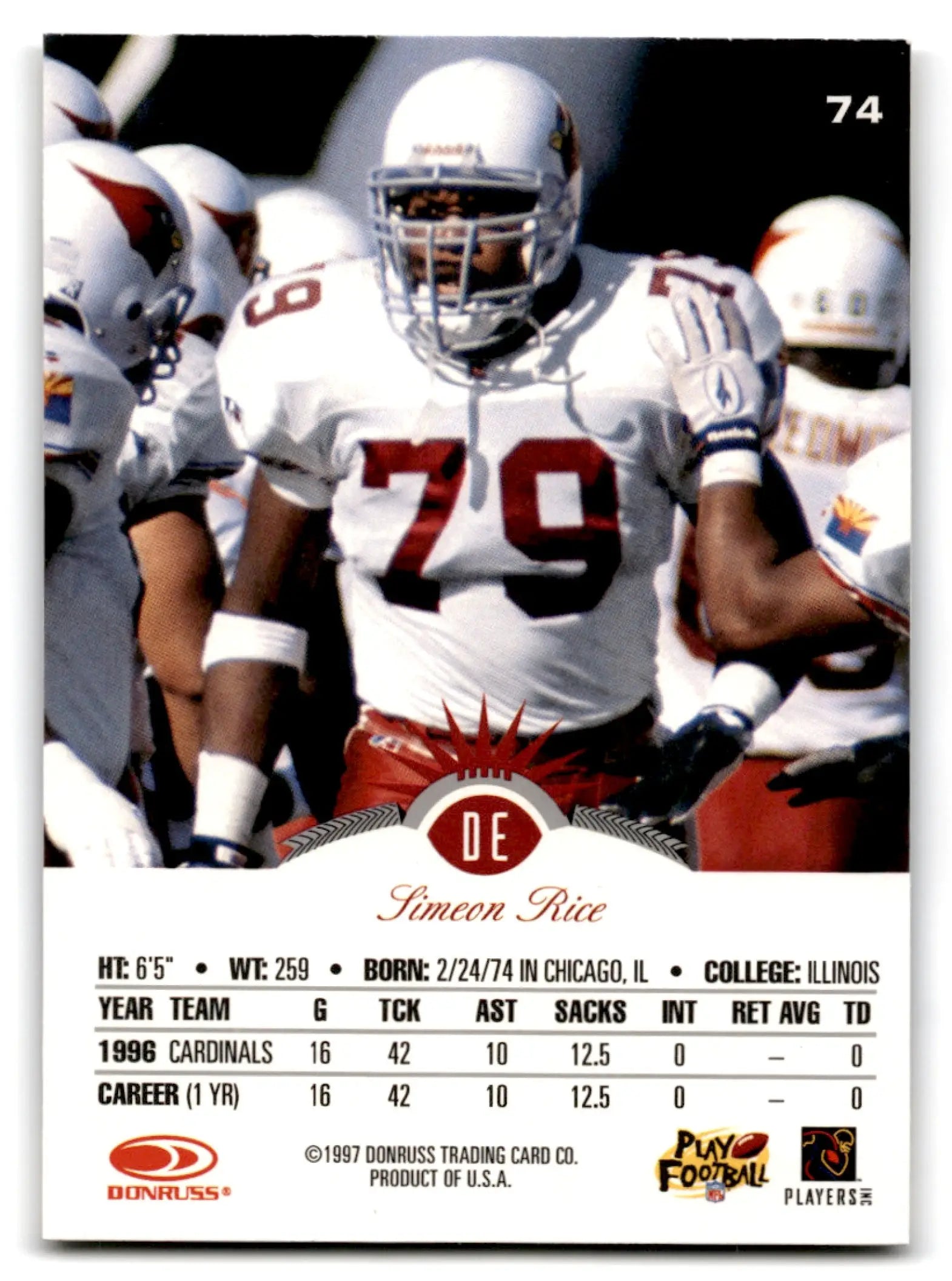 1997 Leaf Football Simeon Rice card featuring NFL defensive end with stats for Arizona Cardinals