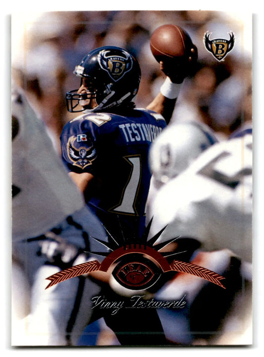 Football Vinny Testaverde trading card from 1997 Leaf Football featuring Baltimore Ravens player