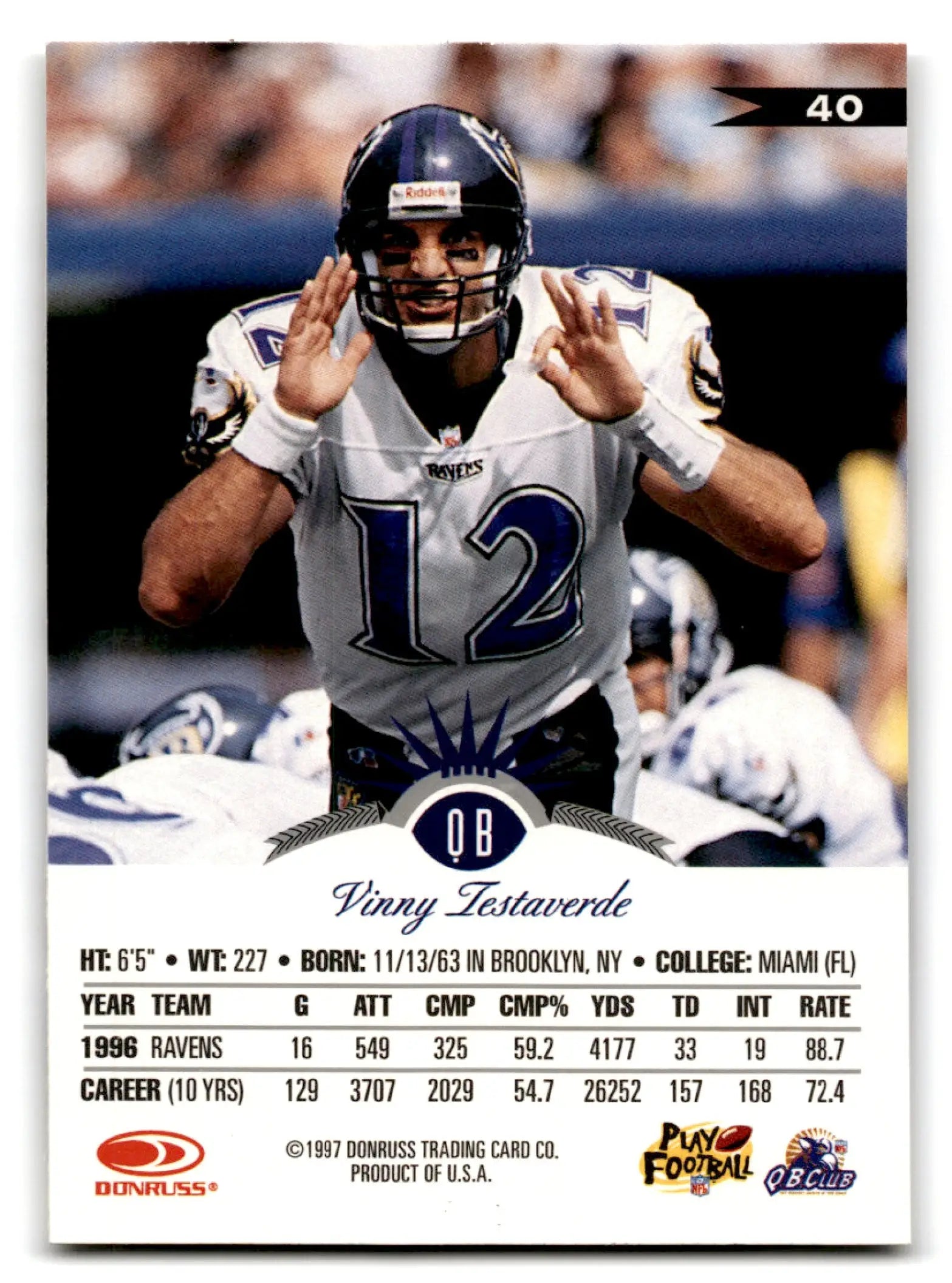 1997 Leaf Football Vinny Testaverde trading card featuring Baltimore Ravens stats and career