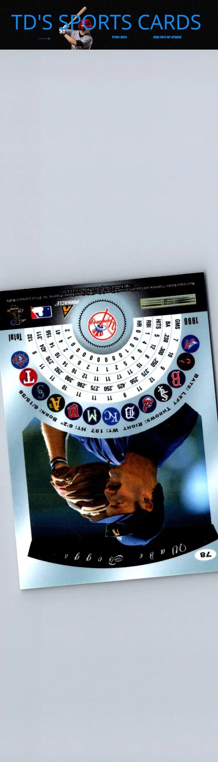 Collectible Wade Boggs 1997 Pinnacle Certified baseball card with team logos and stats